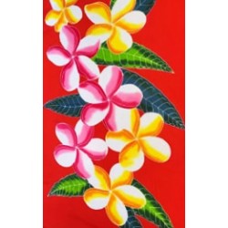 Paréo rouge fleurs de frangipanier rose jaune