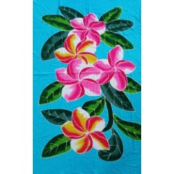 Paréo bleu turquoise fleurs de frangipanier