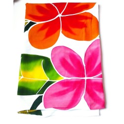 Paréo blanc fleurs de frangipanier rose orange