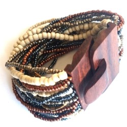 Bracelet avec fermoir bois XL crème marron bleu