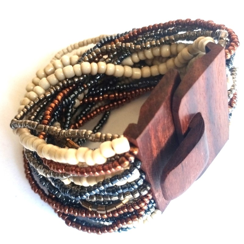 Bracelet avec fermoir bois XL crème marron bleu