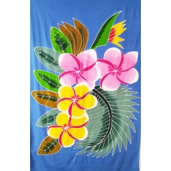 Paréo bleu fleurs de frangipanier jaune rose
