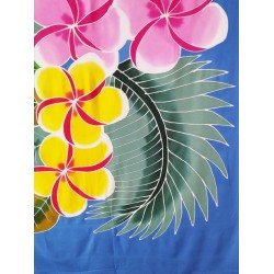Paréo bleu fleurs de frangipanier jaune rose