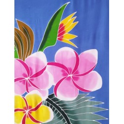 Paréo bleu fleurs de frangipanier jaune rose