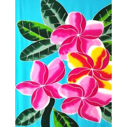 Paréo bleu turquoise fleurs de frangipanier