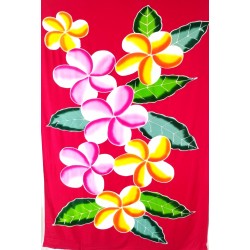 Paréo rouge fleurs de frangipanier rose jaune