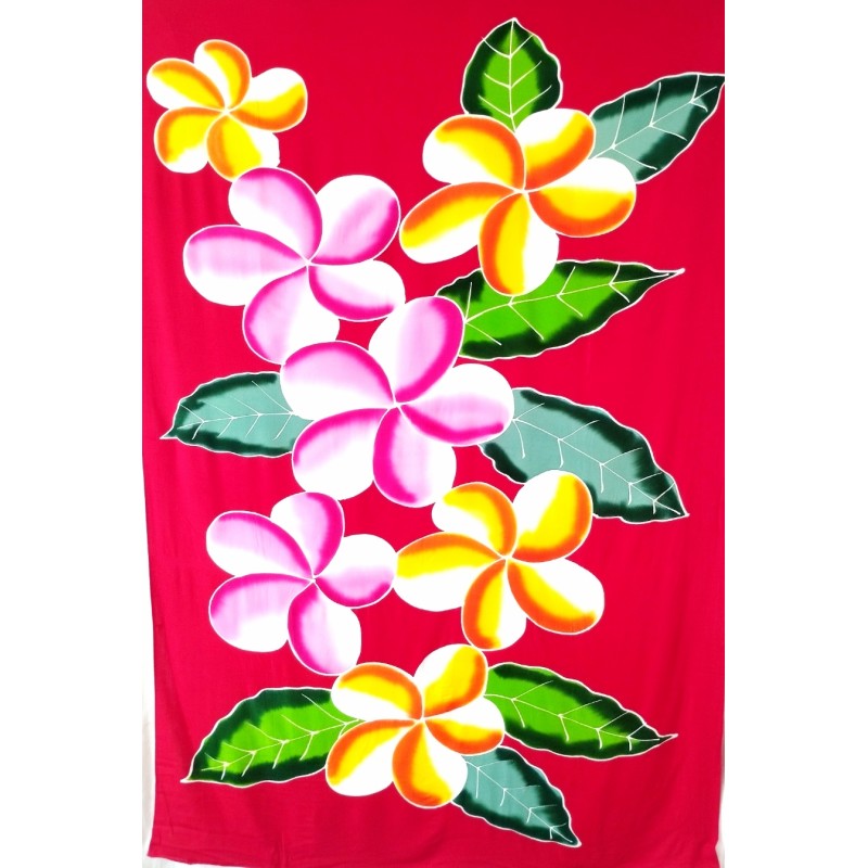 Paréo rouge fleurs de frangipanier rose jaune