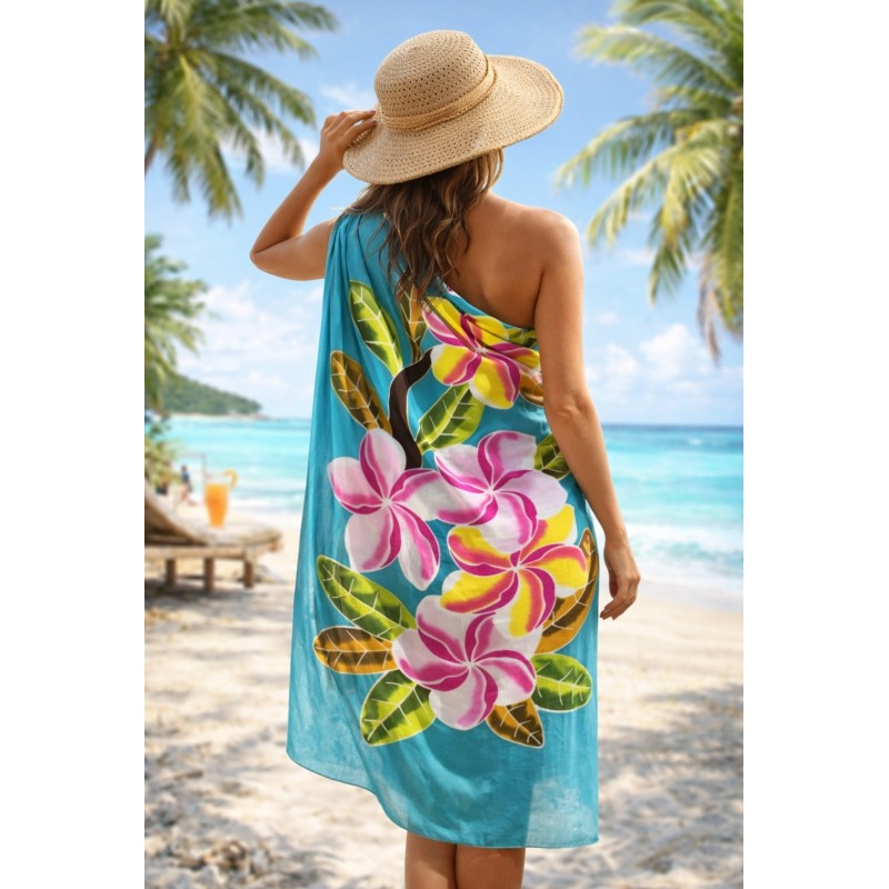 Paréo vert turquoise fleurs de frangipanier