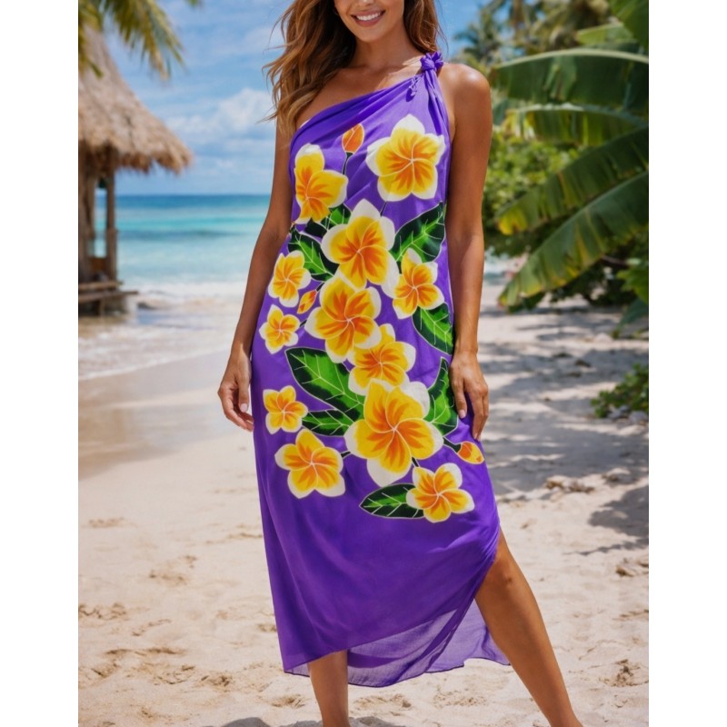 Paréo violet fleurs de frangipanier jaune