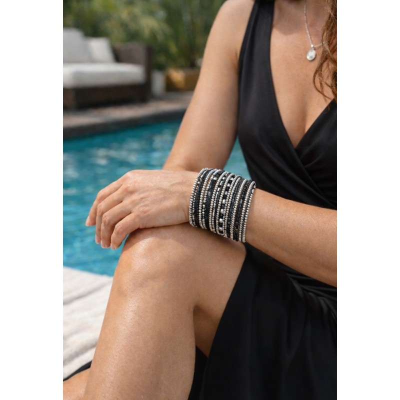 Bracelet femme manchette perles noir et argenté