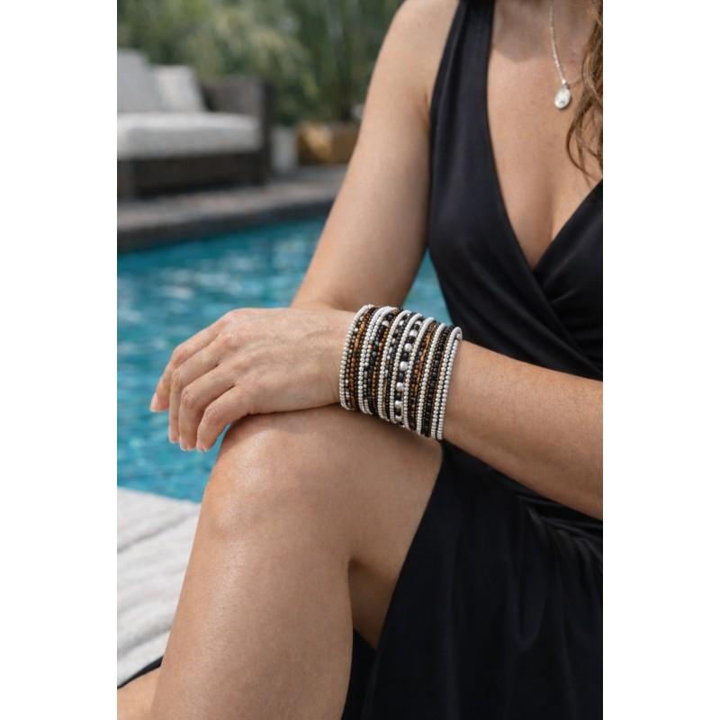 Bracelet femme manchette blanc marron argenté