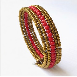 Bracelet femme fin en perles dorées et rouges
