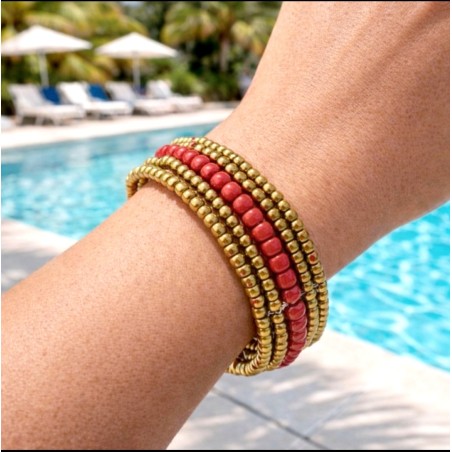 Bracelet femme fin en perles dorées et rouges