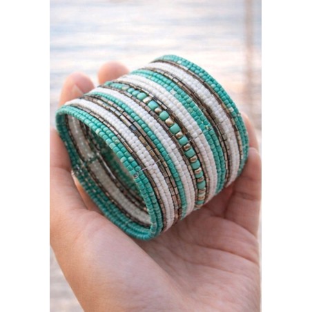 Bracelet femme manchette perles vert blanc argent