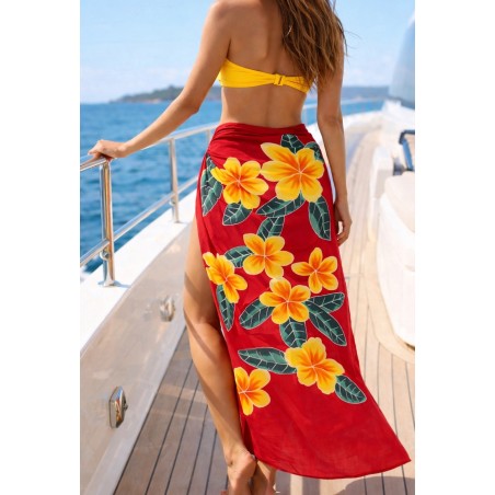 Paréo rouge fleurs tropicales jaune