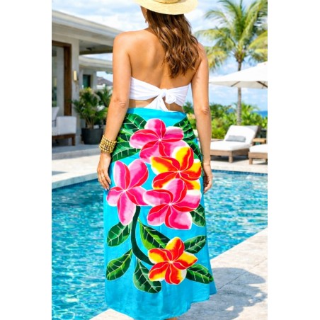 Paréo bleu turquoise fleurs de frangipanier