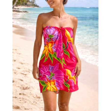 Paréo rouge fleurs tropicales