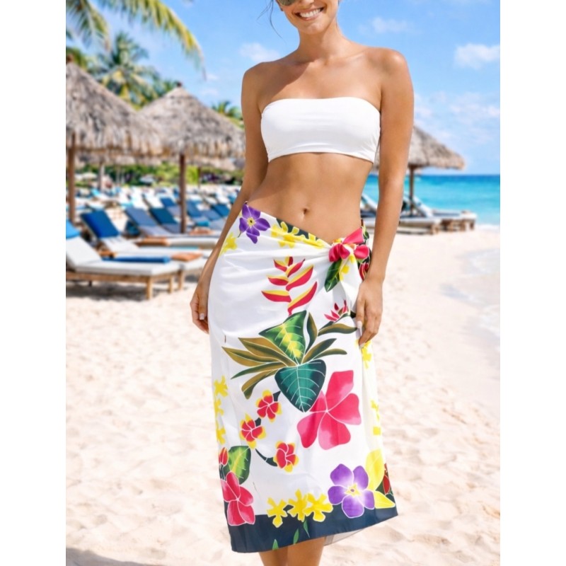 Paréo blanc noir fleurs tropicales