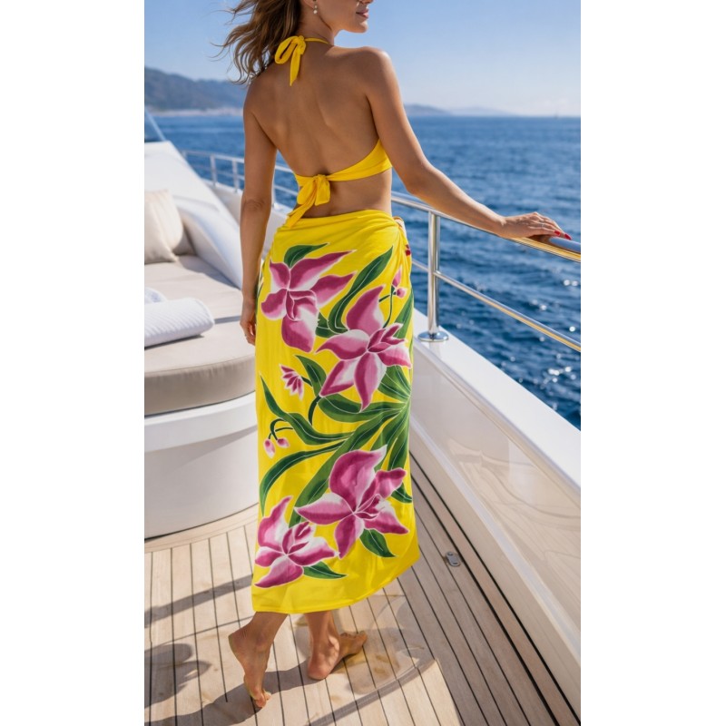 Paréo jaune fleurs tropicales