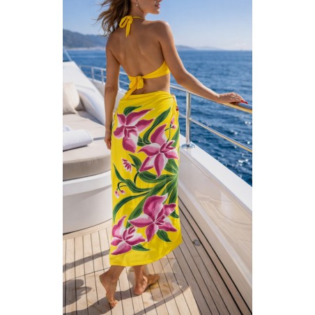 Paréo jaune fleurs tropicales