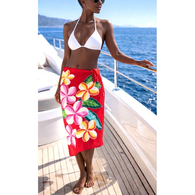 Paréo rouge fleurs de frangipanier rose jaune