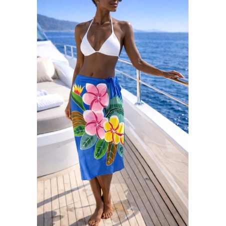 Paréo bleu fleurs de frangipanier jaune rose