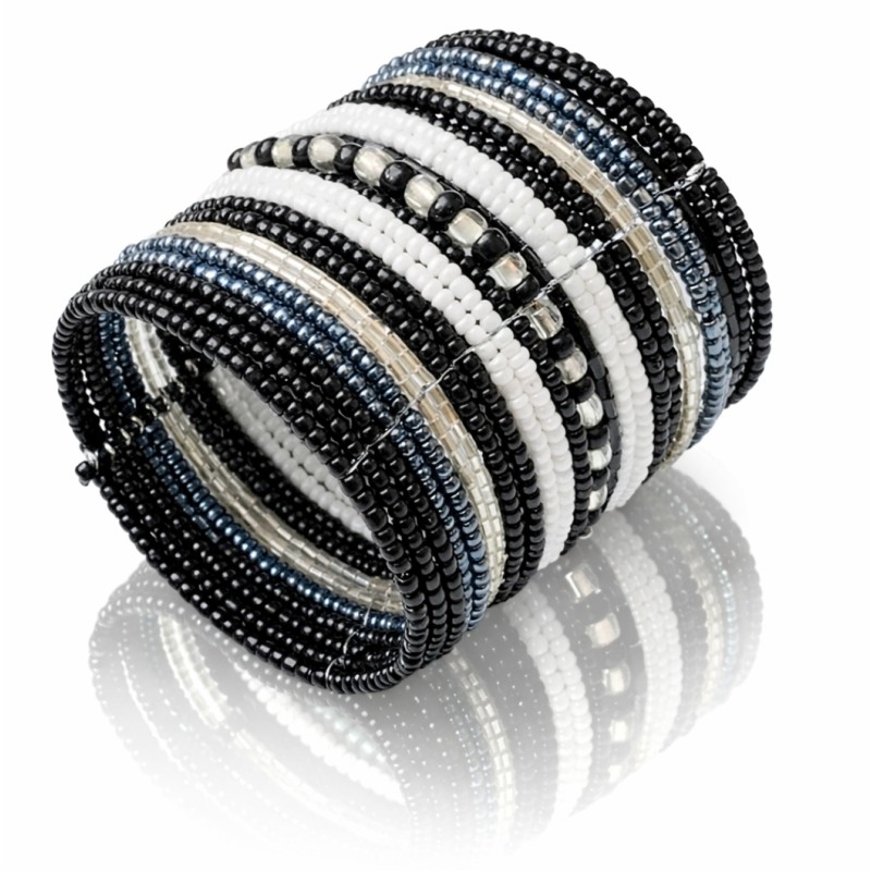 Bracelet femme manchette perles noir et blanc