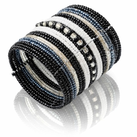 Bracelet femme manchette perles noir et blanc