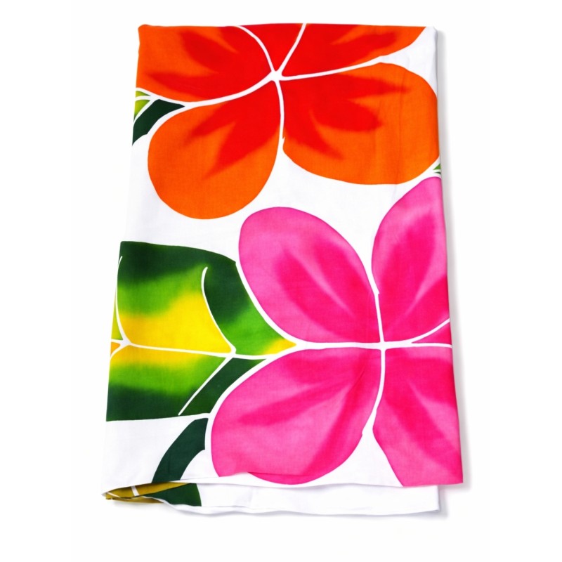 Paréo blanc fleurs de frangipanier rose orange