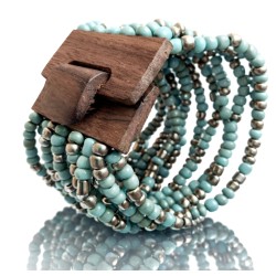 Bracelet avec fermoir bois XL bleu turquoise et argenté