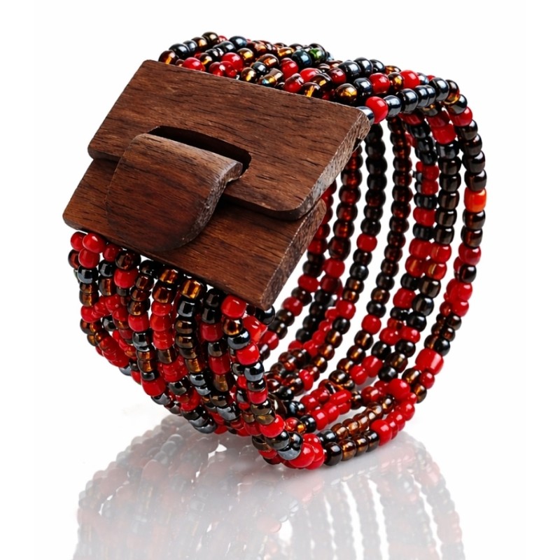 Bracelet avec fermoir bois XL rouge et argenté