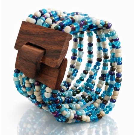Bracelet avec fermoir bois XL blanc et bleu