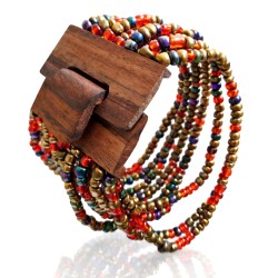 Bracelet avec fermoir bois XL doré rouge et bleu