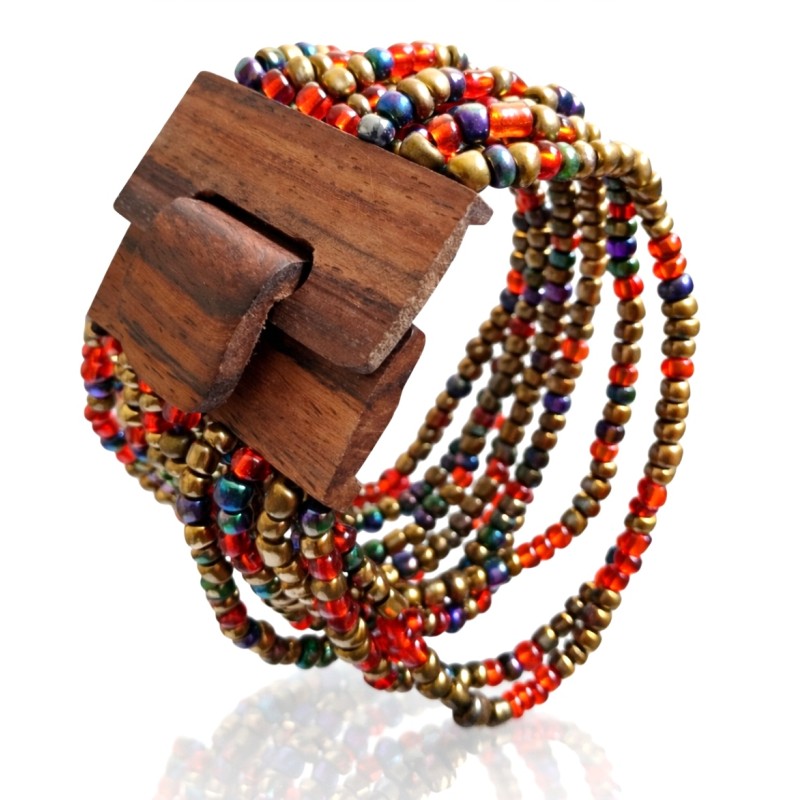 Bracelet avec fermoir bois XL doré rouge et bleu