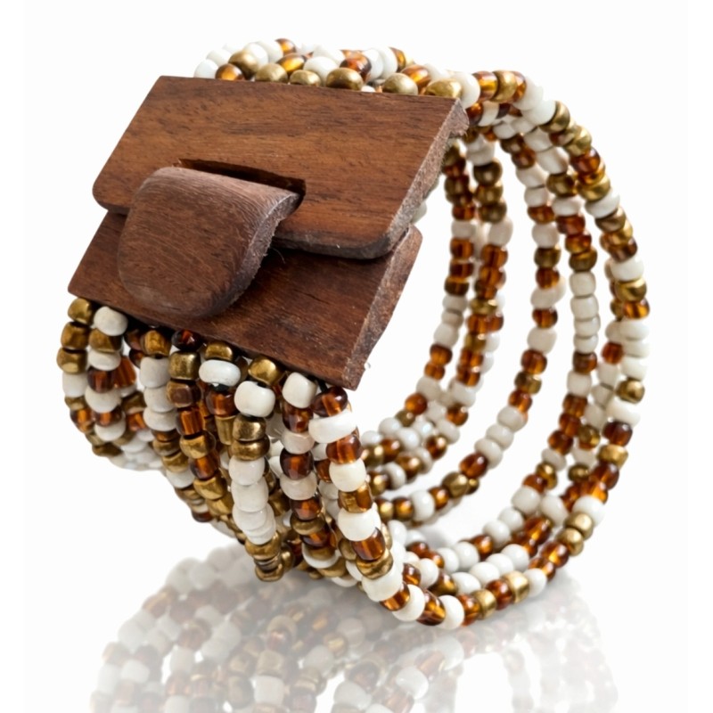 Bracelet avec fermoir bois XL blanc doré