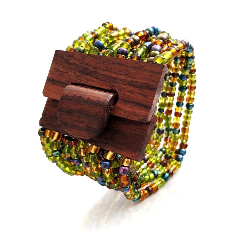 Bracelet avec fermoir bois XL multicolore vert bleu