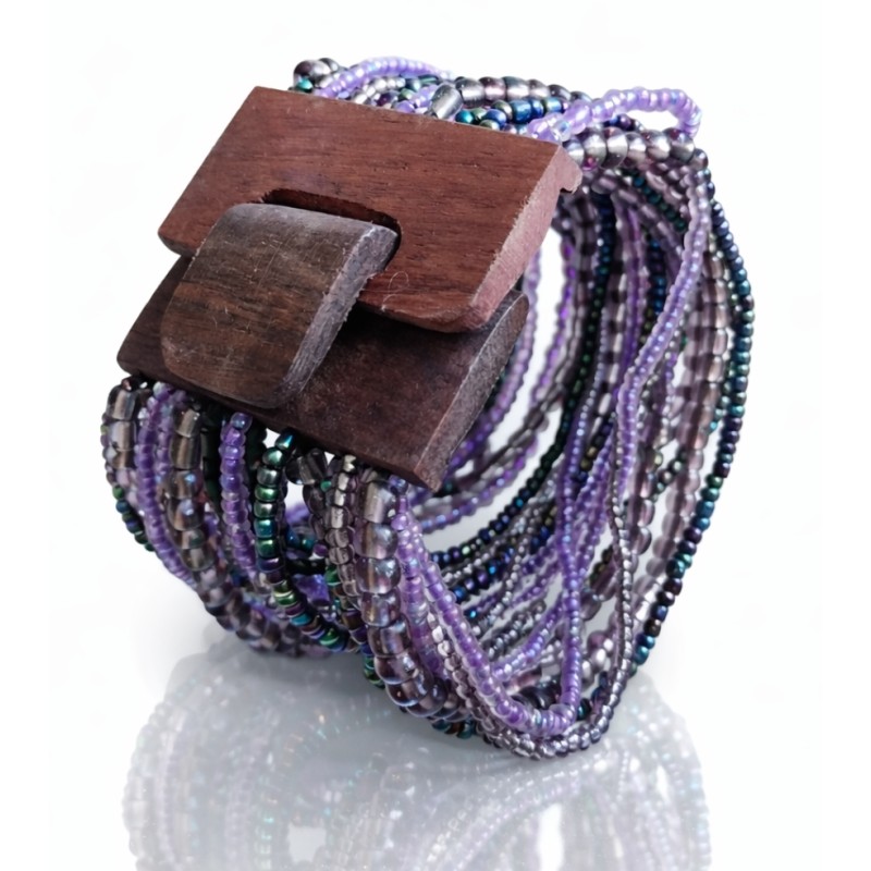 Bracelet avec fermoir bois XL violet noir multi perles