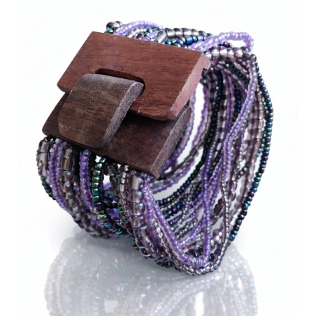 Bracelet avec fermoir bois XL violet noir multi perles