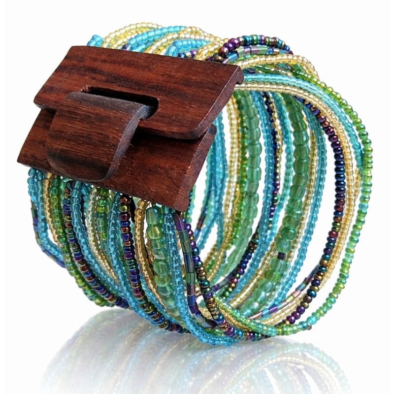 Bracelet avec fermoir bois XL vert bleu doré multi perles