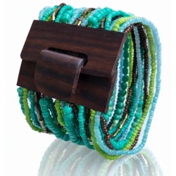 Bracelet avec fermoir bois XL vert turquoise multi perles
