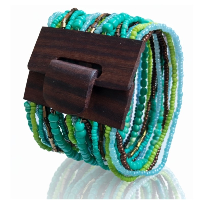 Bracelet avec fermoir bois XL vert turquoise multi perles
