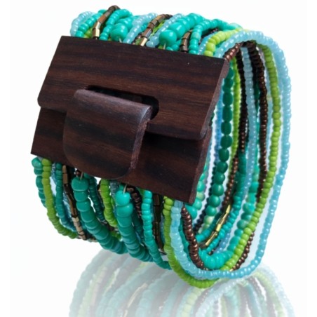 Bracelet avec fermoir bois XL vert turquoise multi perles