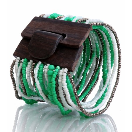 Bracelet avec fermoir bois vert blanc argenté multi perles