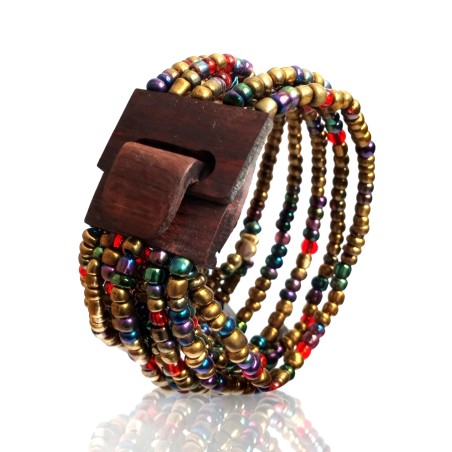 Bracelet femme fermoir en bois doré rouge bleu