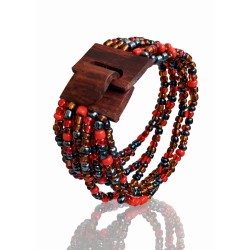 Bracelet femme fermoir en bois rouge bleu argenté