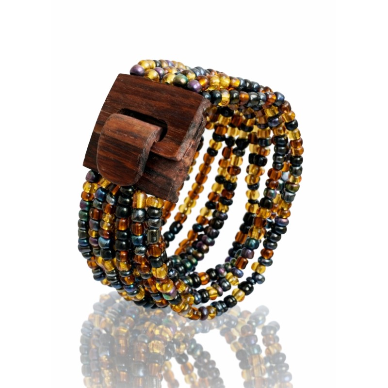 Bracelet femme fermoir en bois marron noir argenté