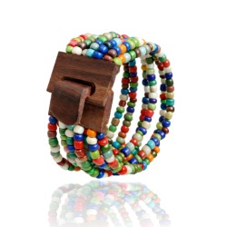 Bracelet femme fermoir en bois vert blanc orange multicolore