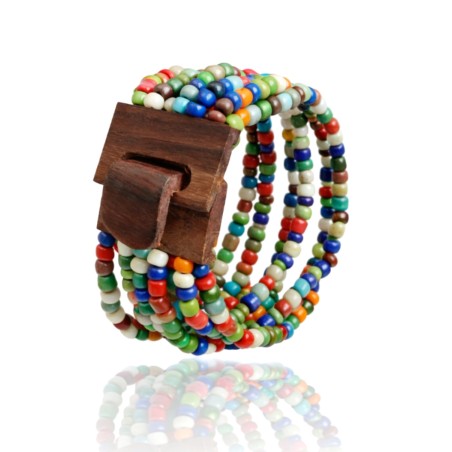 Bracelet femme fermoir en bois vert blanc orange multicolore