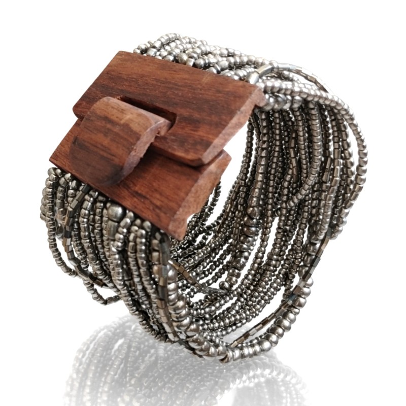 Bracelet avec fermoir bois argenté multi perles