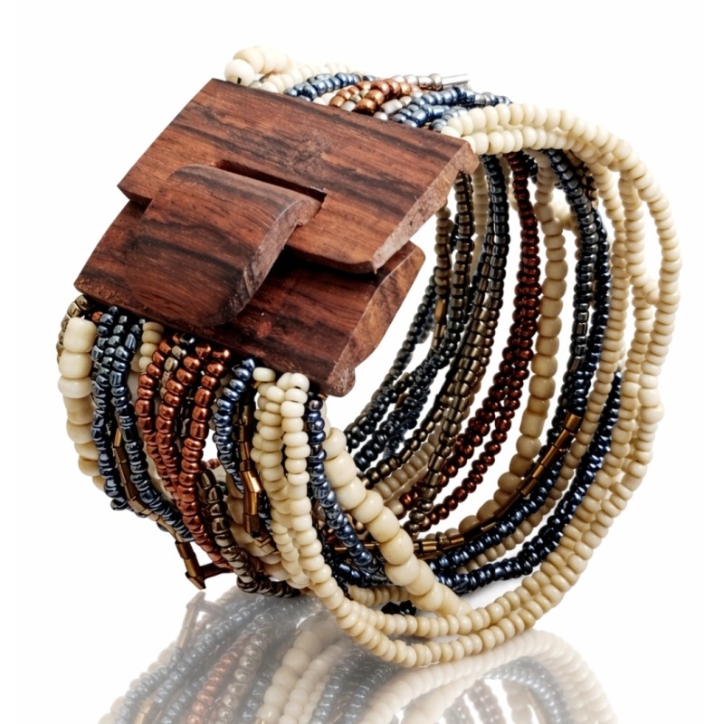 Bracelet avec fermoir bois XL crème marron bleu
